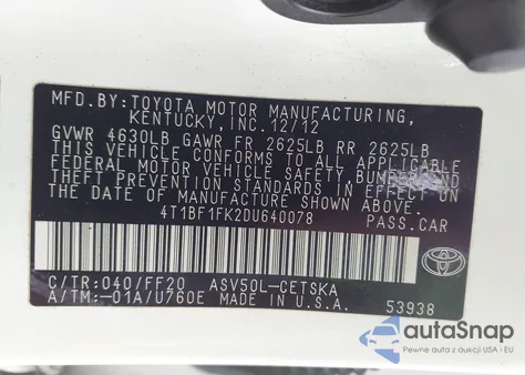 2013 Toyota Camry Se z USA, uszkodzony, nr VIN 4T1BF1FK2DU640078